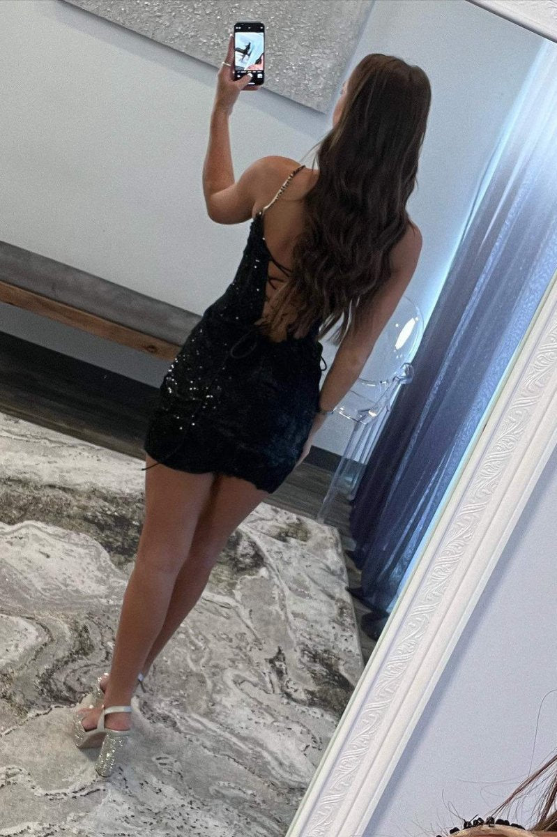 Sheath Spaghetti Straps Sequined Lace Homecoming Dresses