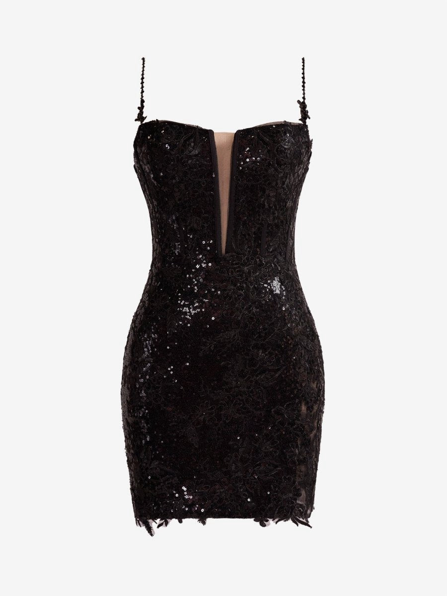 Sheath Spaghetti Straps Sequined Lace Homecoming Dresses