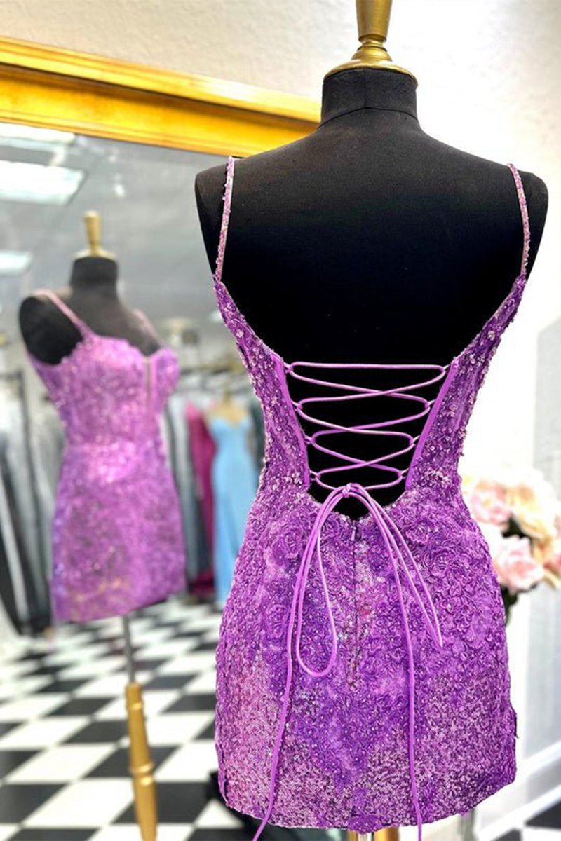 Sheath Spaghetti Straps Sequined Lace Homecoming Dresses