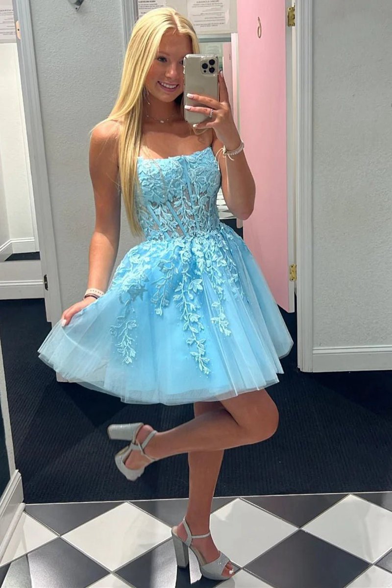 A-line Tulle Lace Homecoming Dresses with Appliques