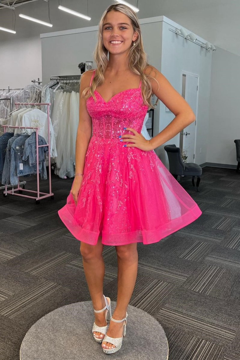 A-line Spaghetti Straps Sequins Tulle Homecoming Dresses