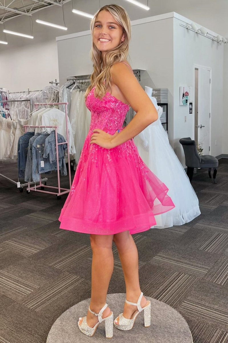A-line Spaghetti Straps Sequins Tulle Homecoming Dresses