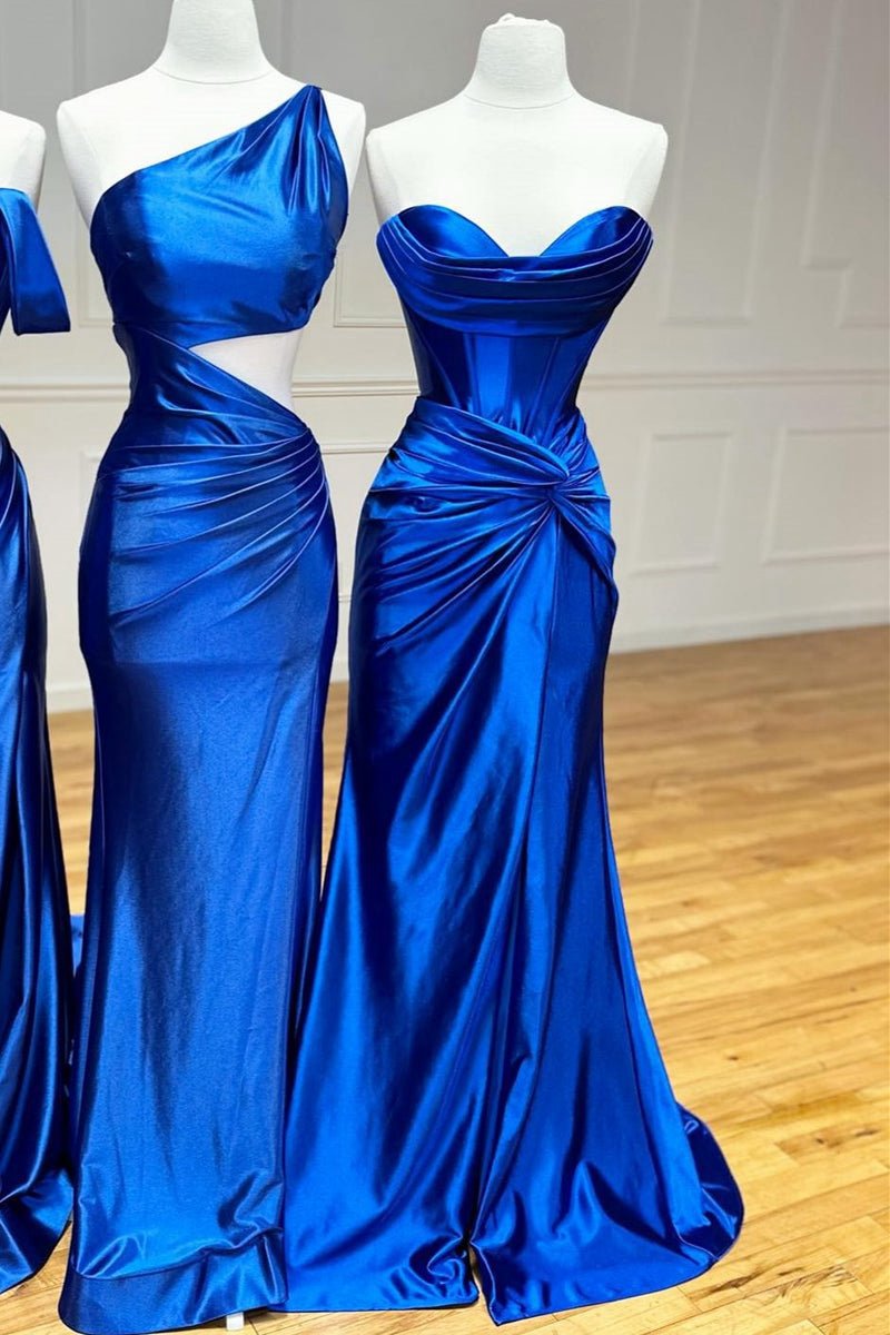 Mermaid Strapless Satin Long Prom Dresses with Slit