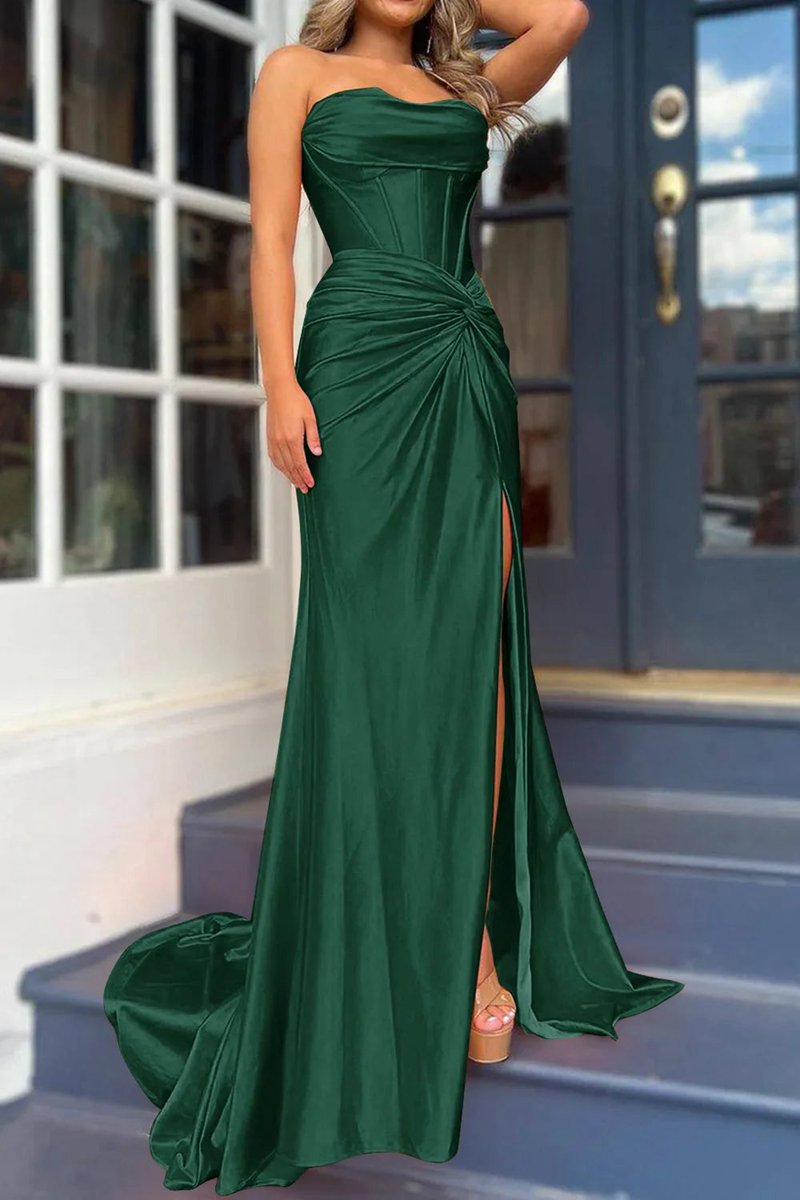 Mermaid Strapless Satin Long Prom Dresses with Slit