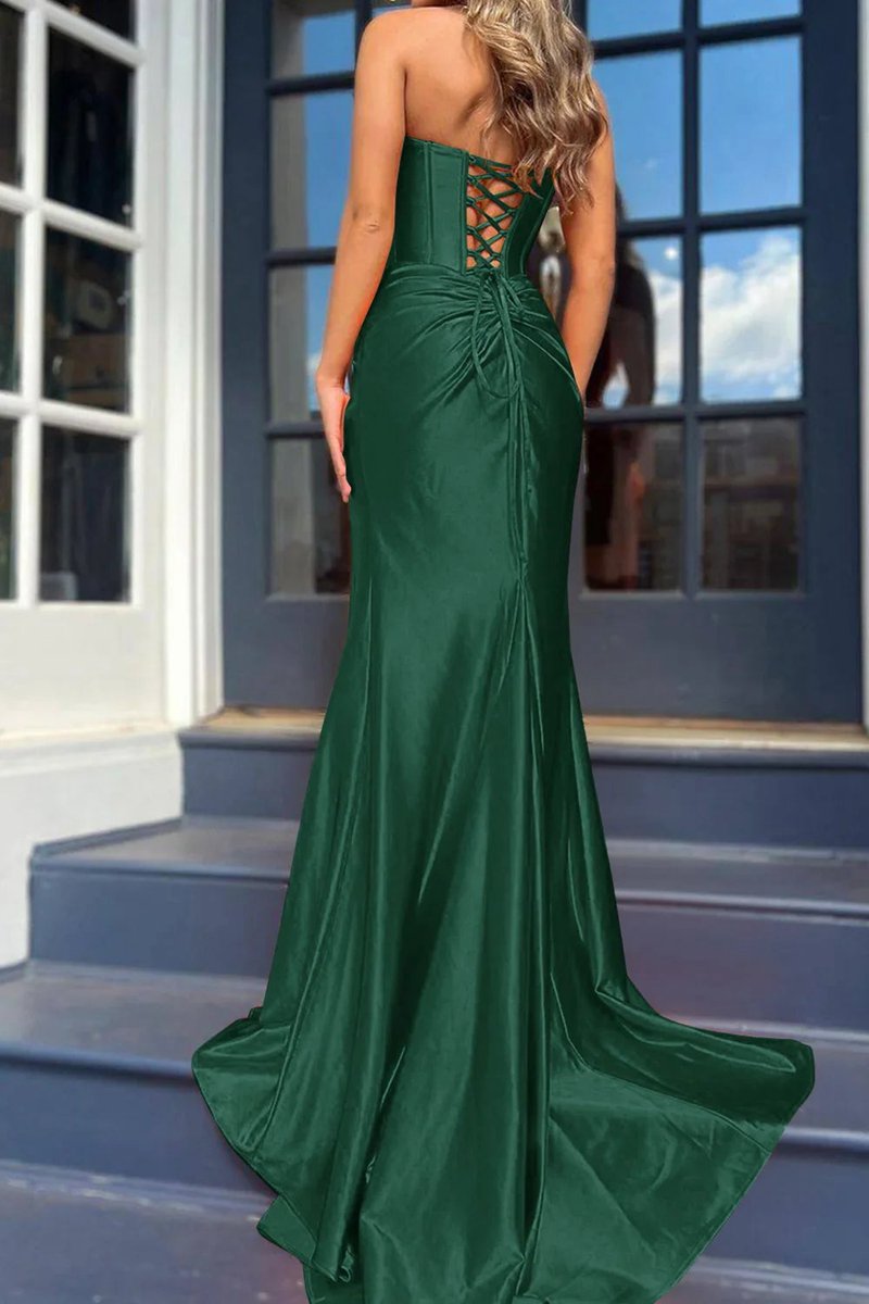 Mermaid Strapless Satin Long Prom Dresses with Slit