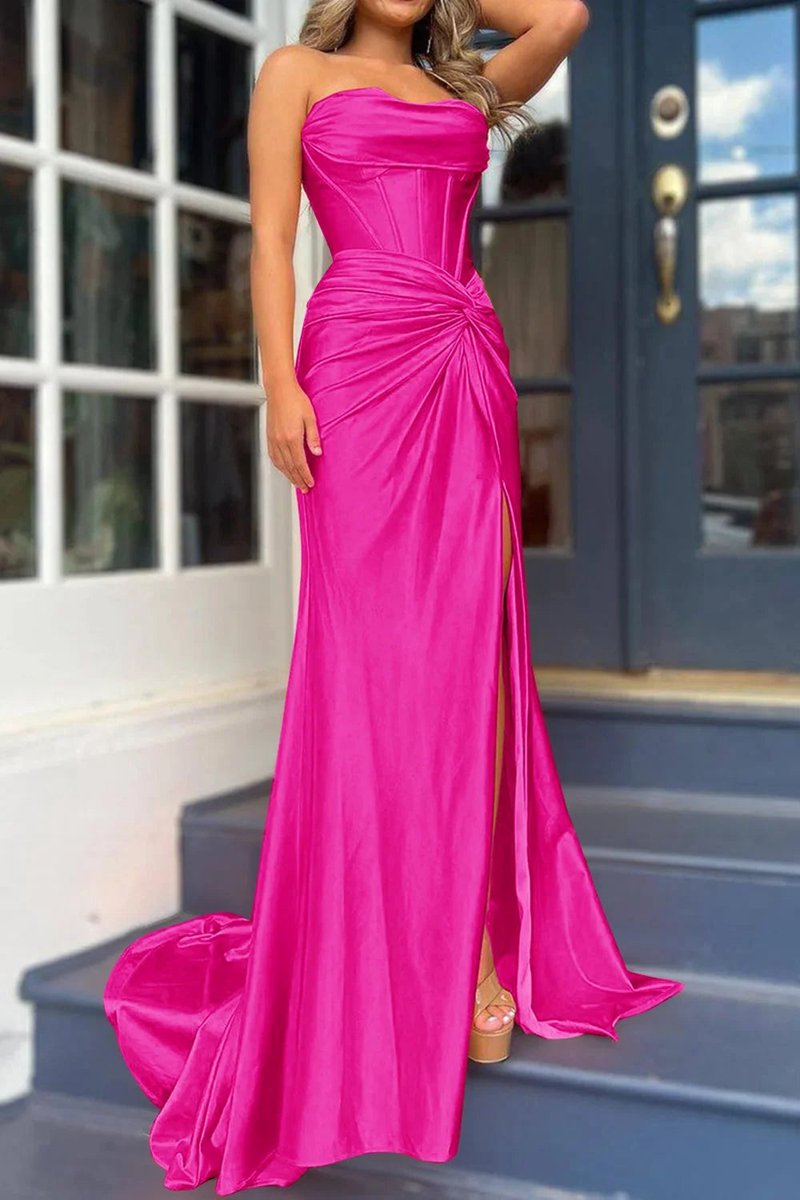 Mermaid Strapless Satin Long Prom Dresses with Slit