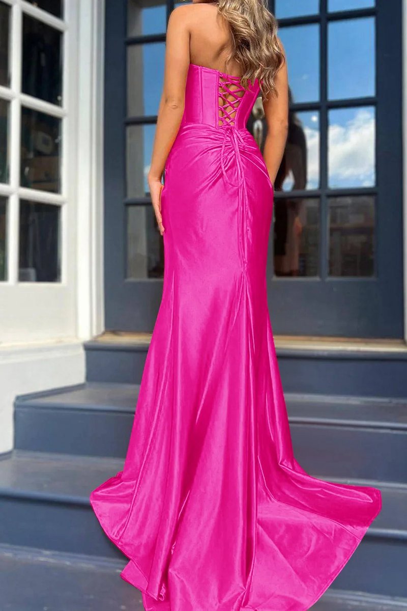 Mermaid Strapless Satin Long Prom Dresses with Slit