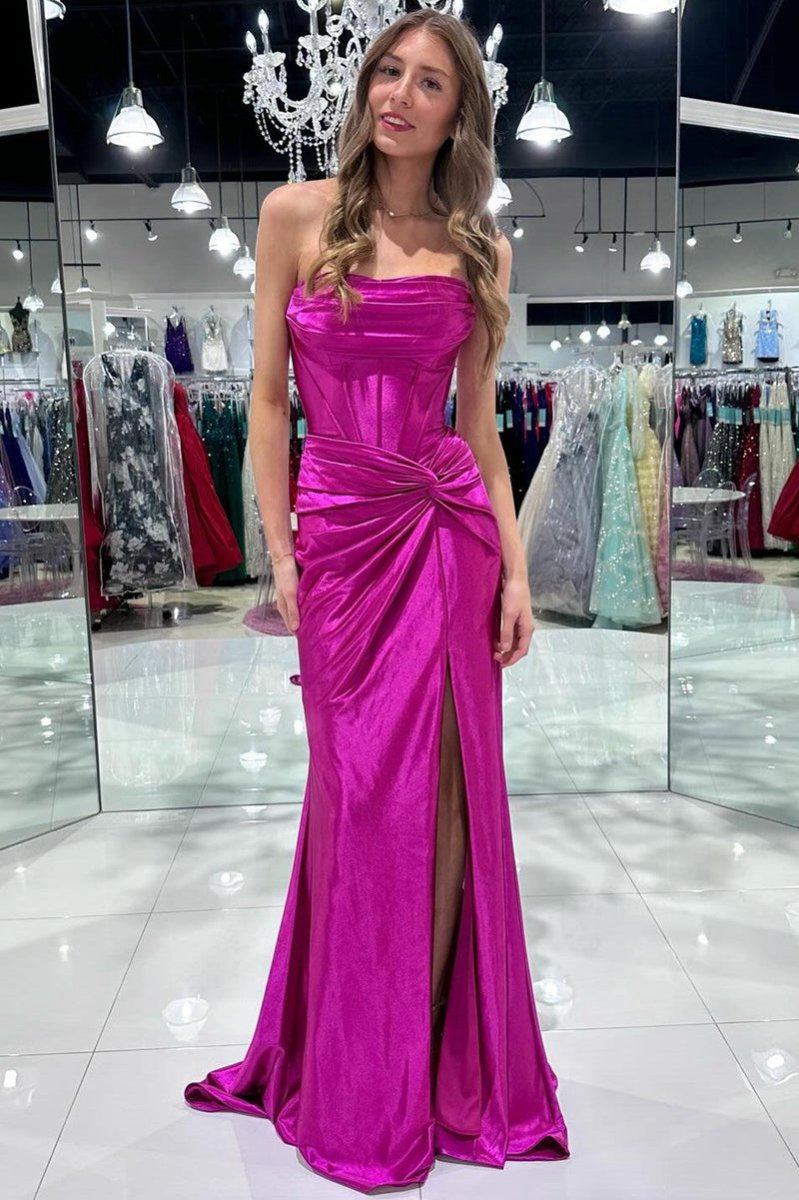 Mermaid Strapless Satin Long Prom Dresses with Slit