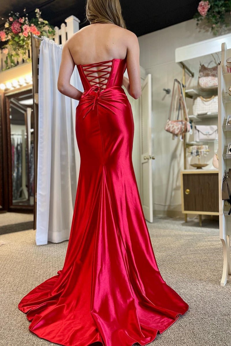 Mermaid Strapless Satin Long Prom Dresses with Slit