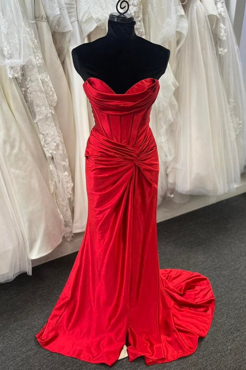 Mermaid Strapless Satin Long Prom Dresses with Slit