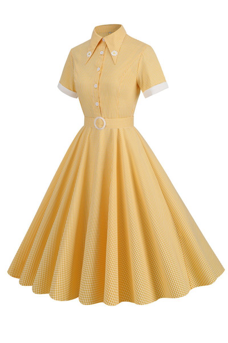Hepburn Style Plaid Vintage Dresses with Short Sleeves