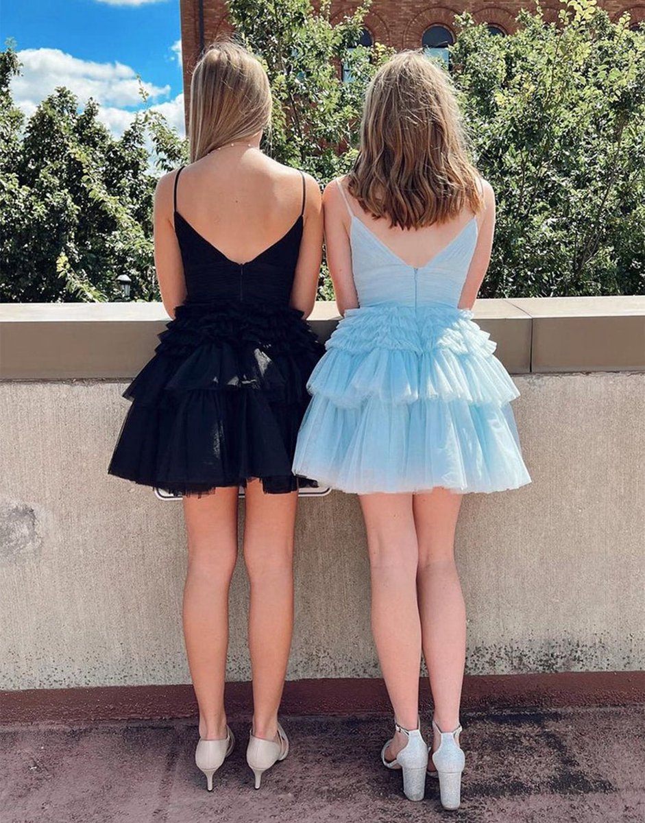 A-line Deep V Neck Tie Homecoming Dresses