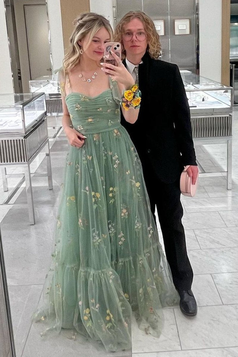 A-line Sweetheart Long Prom Dresses with Embroidery
