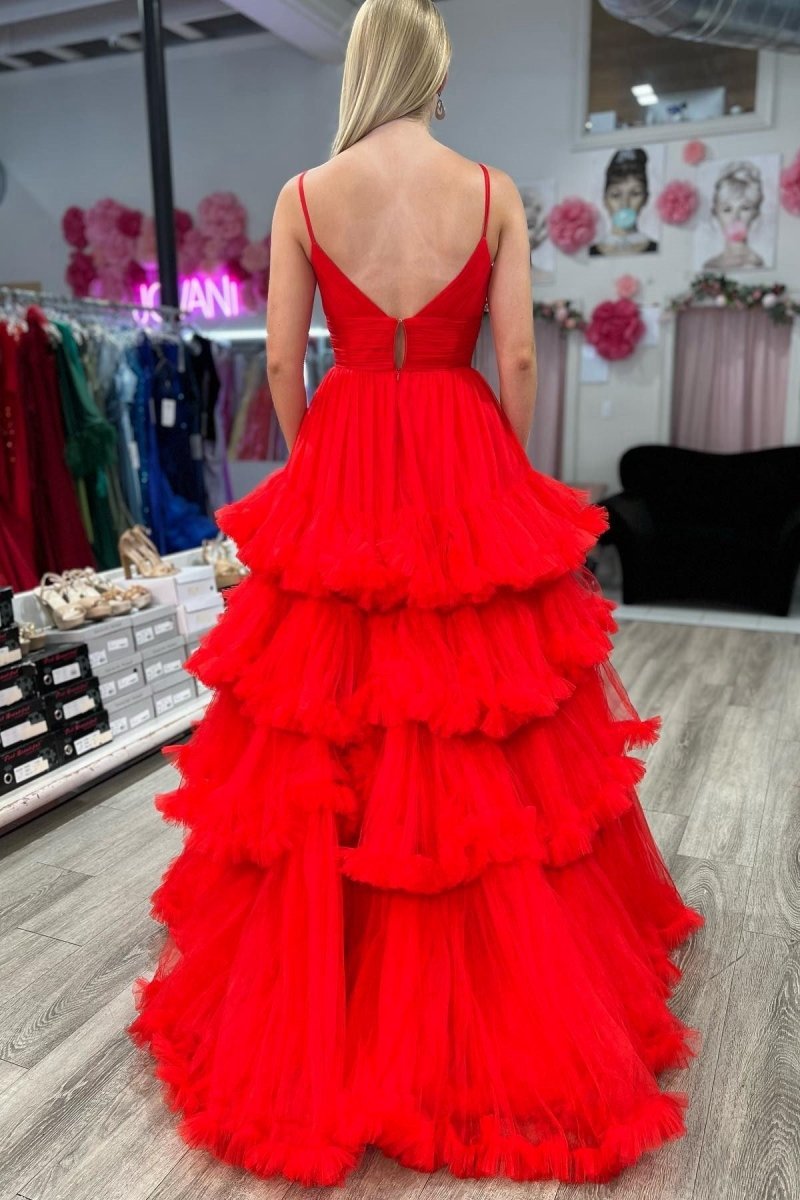 A-line V-Neck Tulle Prom Dresses with Tie Ruffles