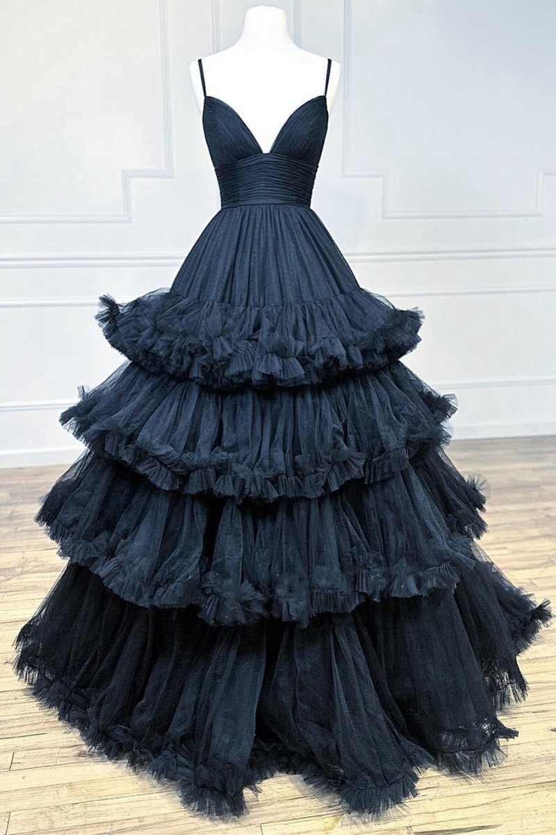 A-line V-Neck Tulle Prom Dresses with Tie Ruffles