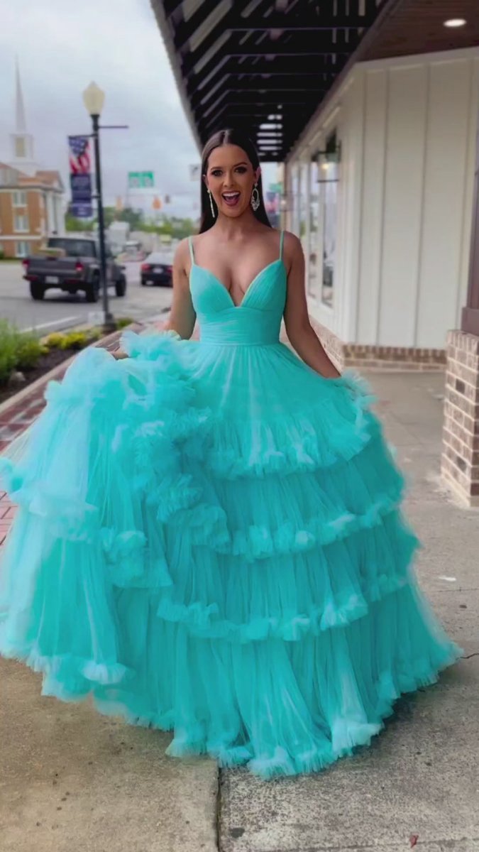 A-line V-Neck Tulle Prom Dresses with Tie Ruffles