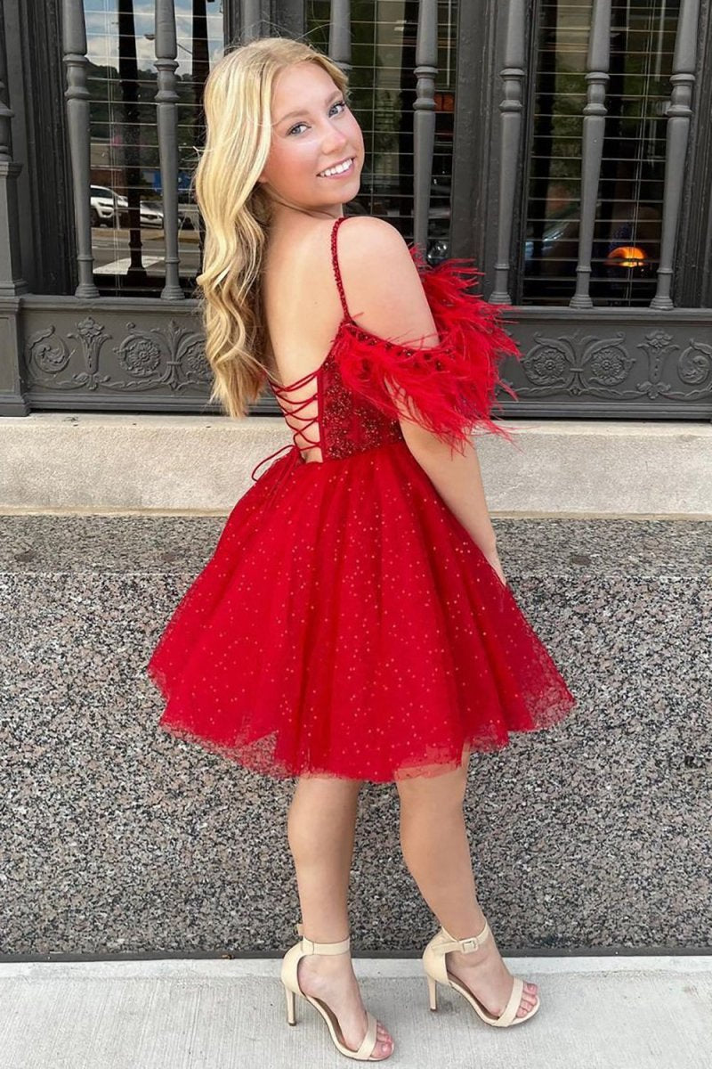 A-line Sparkling Tulle Corset Homecoming Dresses with Feathers