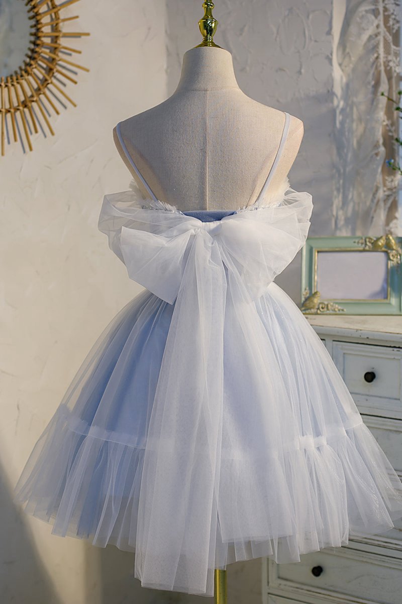 Spaghetti Straps Tulle Lace Appliques Short Prom Dresses with Bow