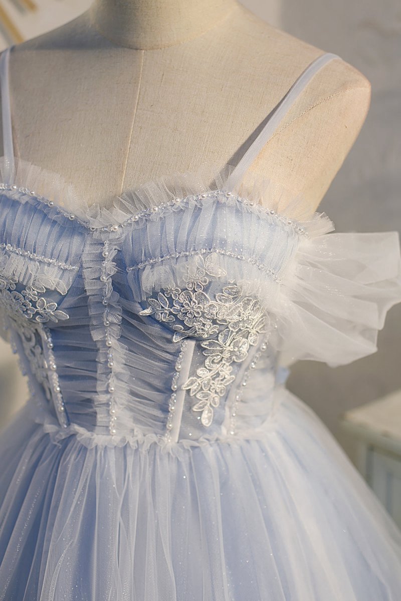 Spaghetti Straps Tulle Lace Appliques Short Prom Dresses with Bow