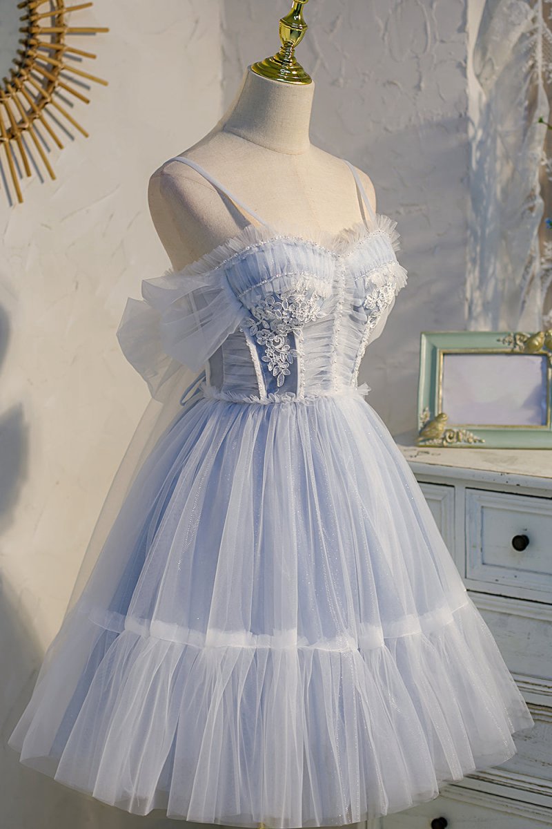 Spaghetti Straps Tulle Lace Appliques Short Prom Dresses with Bow