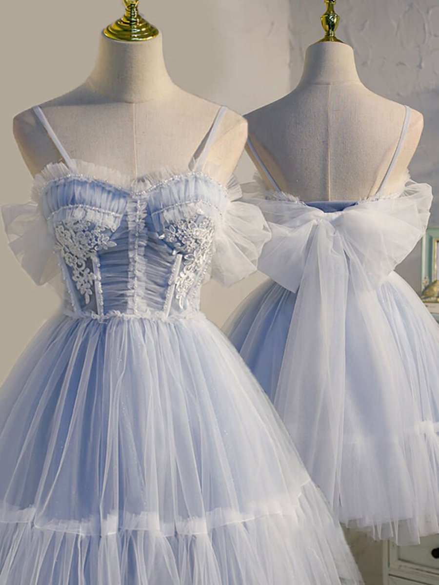 Spaghetti Straps Tulle Lace Appliques Short Prom Dresses with Bow