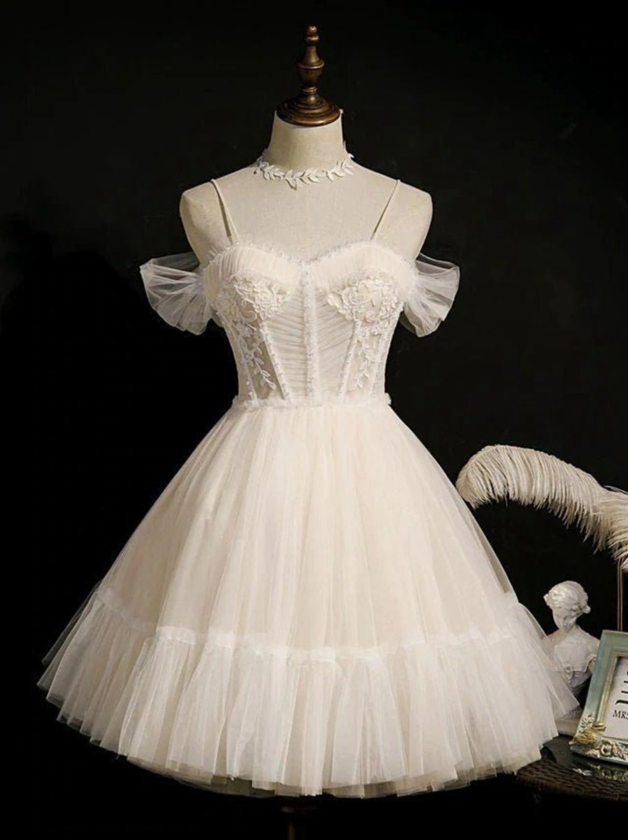 Spaghetti Straps Tulle Lace Appliques Short Prom Dresses with Bow