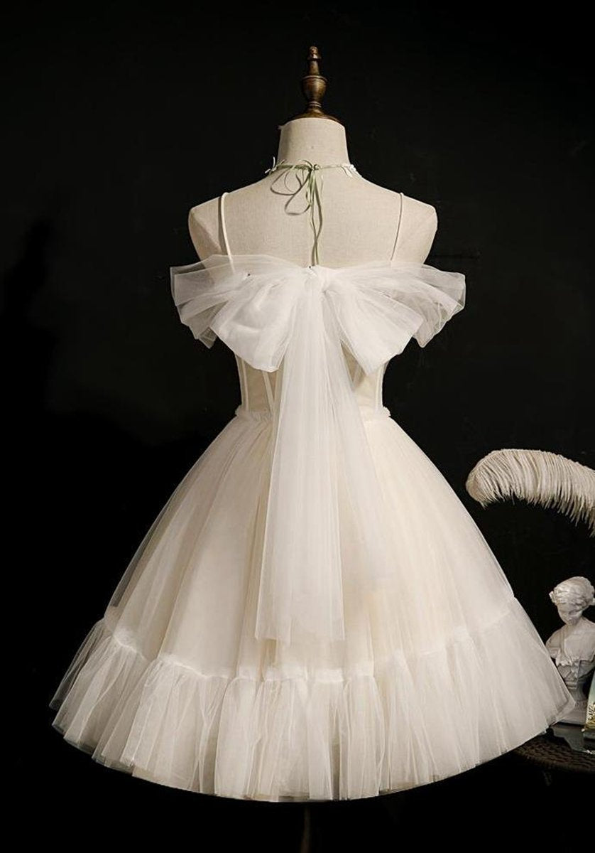 Spaghetti Straps Tulle Lace Appliques Short Prom Dresses with Bow