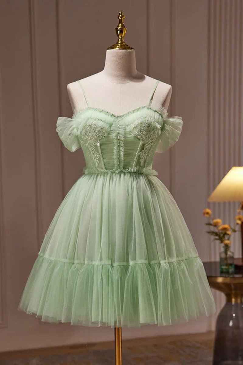 Spaghetti Straps Tulle Lace Appliques Short Prom Dresses with Bow