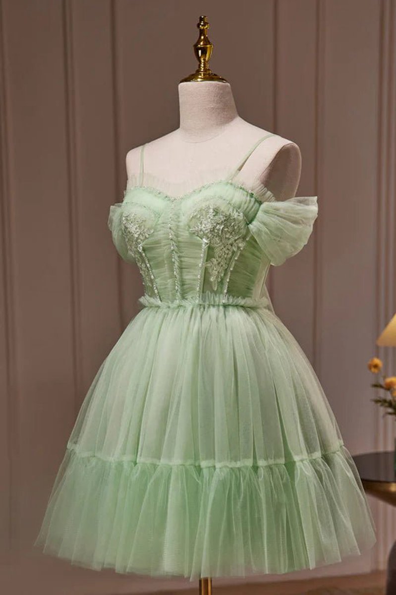 Spaghetti Straps Tulle Lace Appliques Short Prom Dresses with Bow