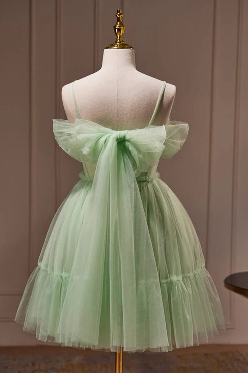 Spaghetti Straps Tulle Lace Appliques Short Prom Dresses with Bow