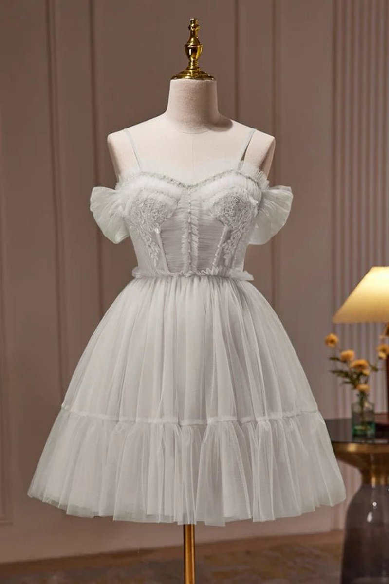Spaghetti Straps Tulle Lace Appliques Short Prom Dresses with Bow