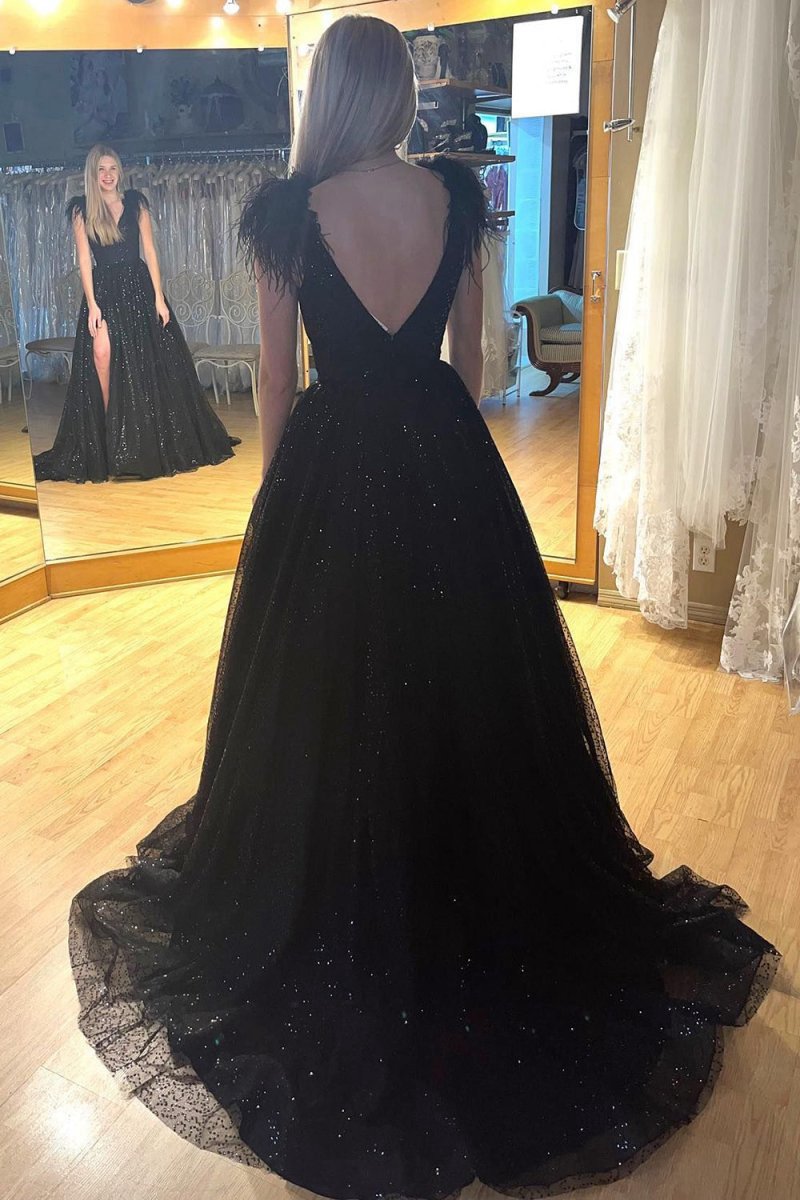 A-line V Neck Sequined Tulle Prom Dresses with Slit