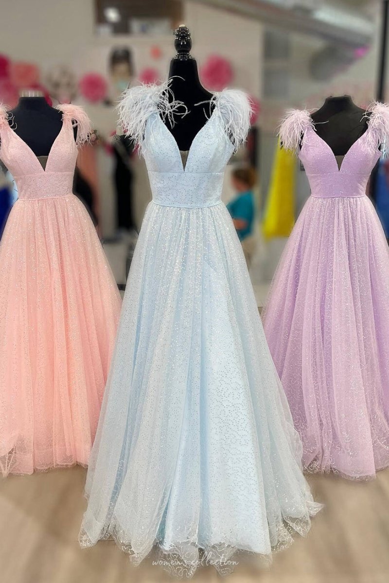 A-line V Neck Sequined Tulle Prom Dresses with Slit