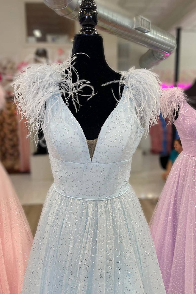 A-line V Neck Sequined Tulle Prom Dresses with Slit