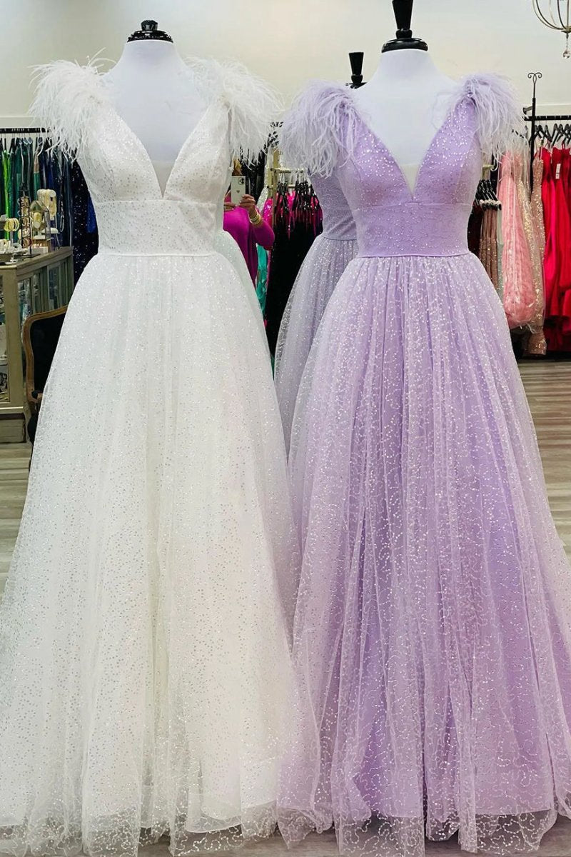 A-line V Neck Sequined Tulle Prom Dresses with Slit