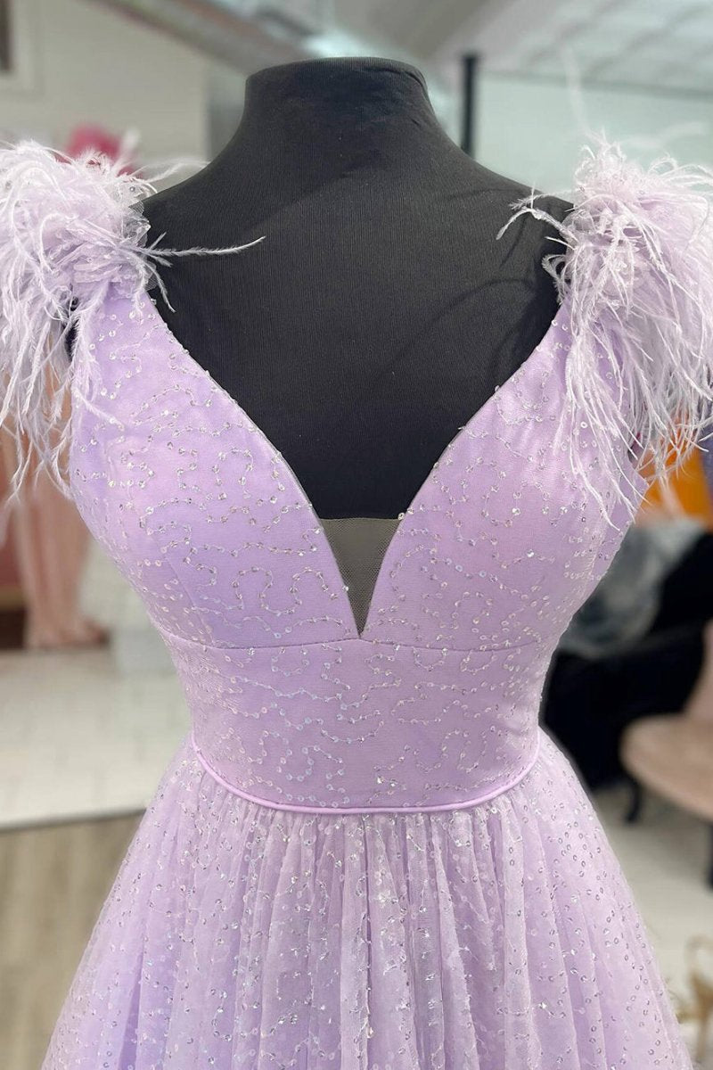 A-line V Neck Sequined Tulle Prom Dresses with Slit