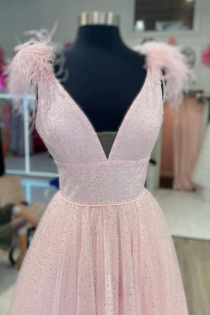 A-line V Neck Sequined Tulle Prom Dresses with Slit
