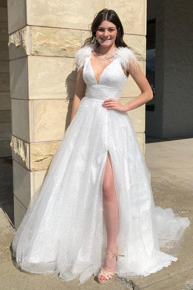 A-line V Neck Sequined Tulle Prom Dresses with Slit