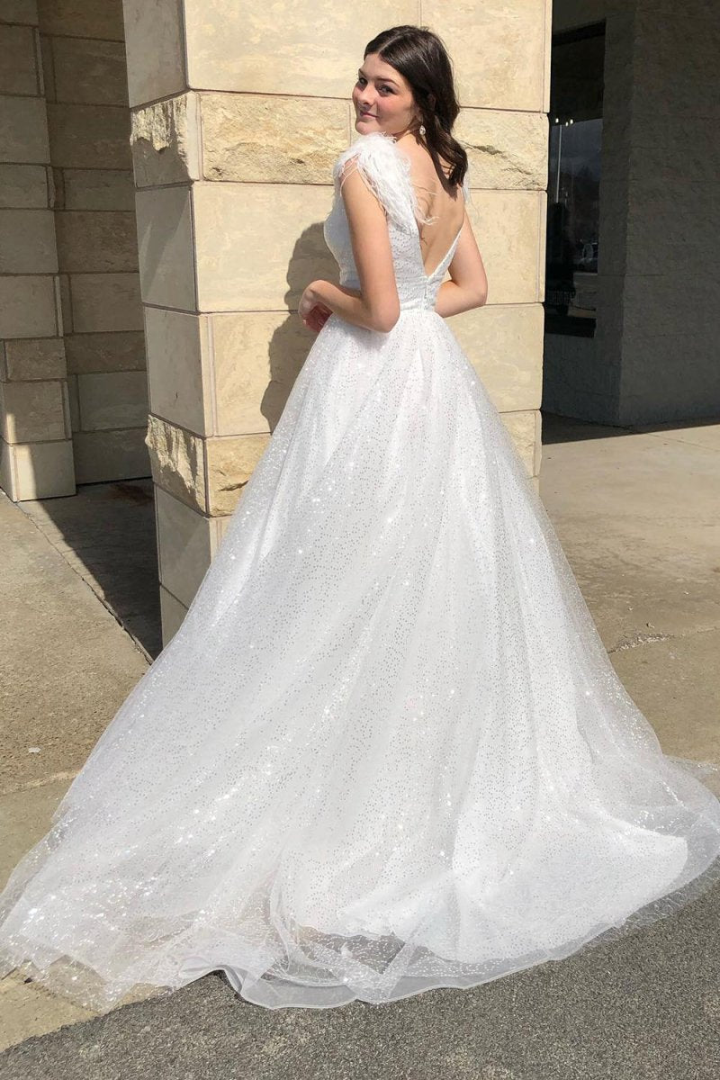 A-line V Neck Sequined Tulle Prom Dresses with Slit