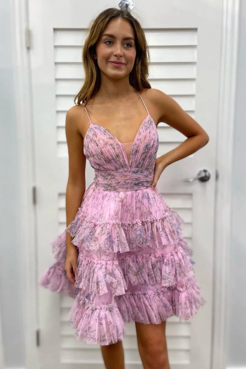 A-line V Neck Tie Pinted Homecoming Dresses