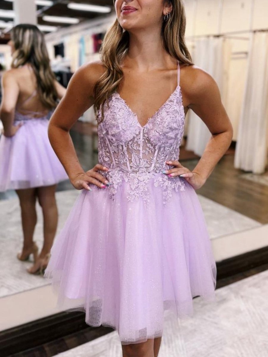 A-line Backless Tulle Appliqued Homecoming Dresses