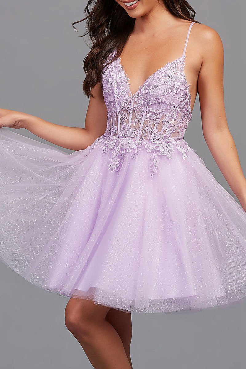 A-line Backless Tulle Appliqued Homecoming Dresses