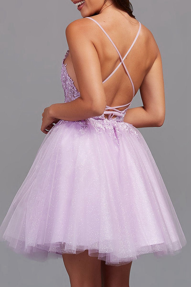 A-line Backless Tulle Appliqued Homecoming Dresses