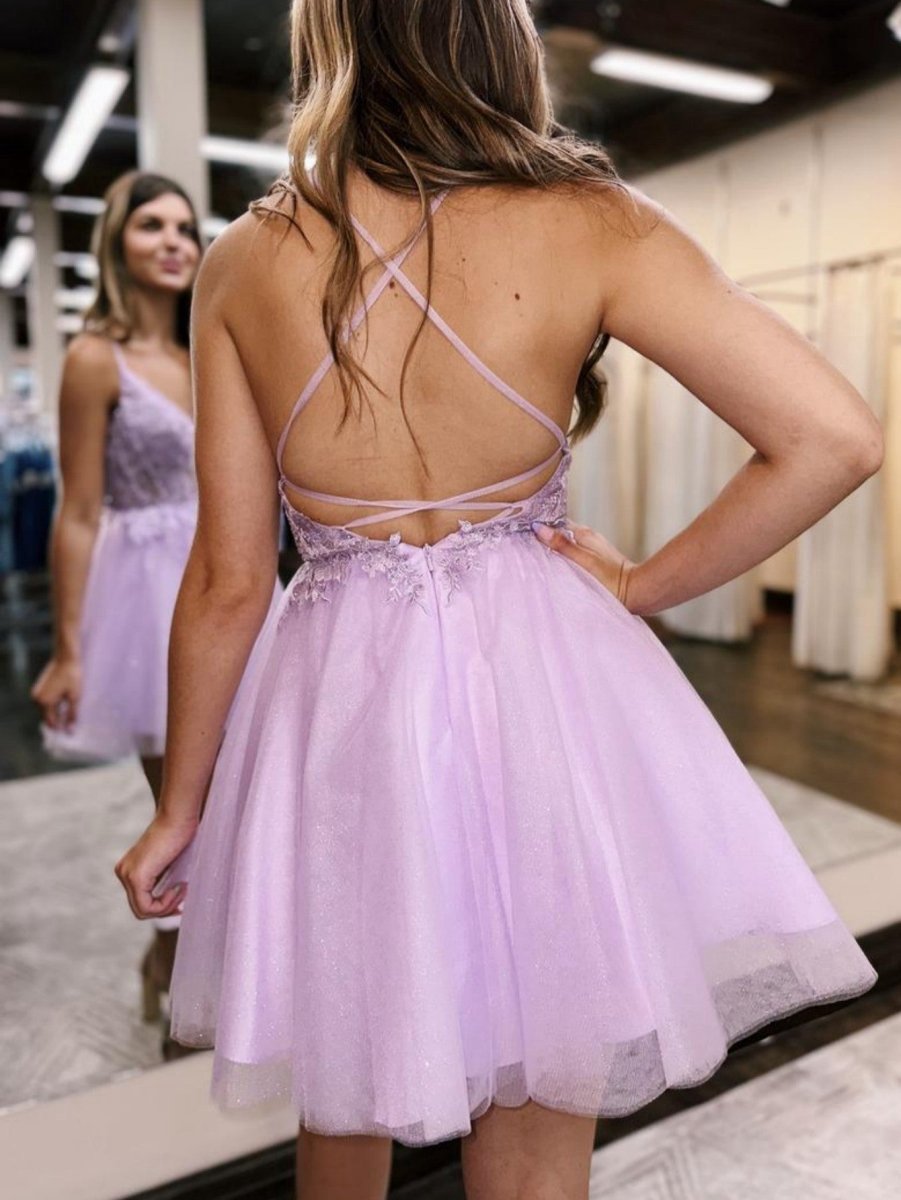 A-line Backless Tulle Appliqued Homecoming Dresses
