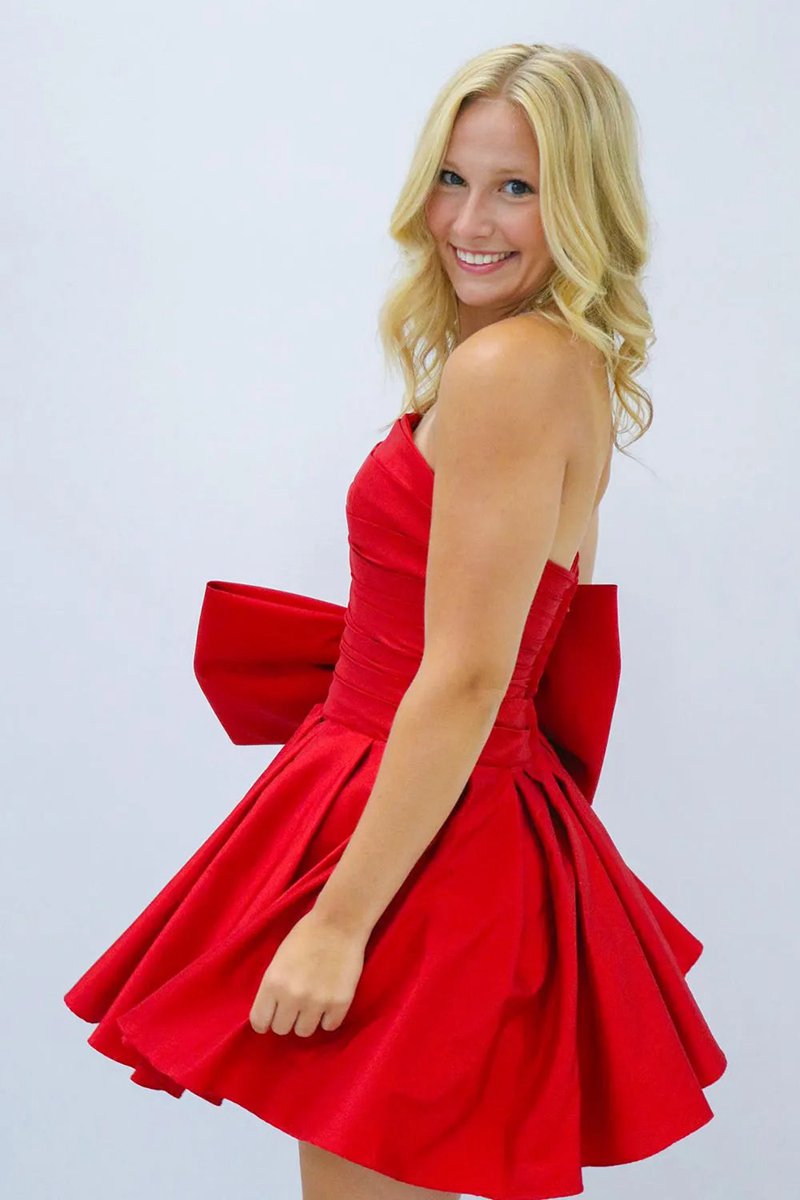 A-line Strapless Pleated Party Dresses with Bow
