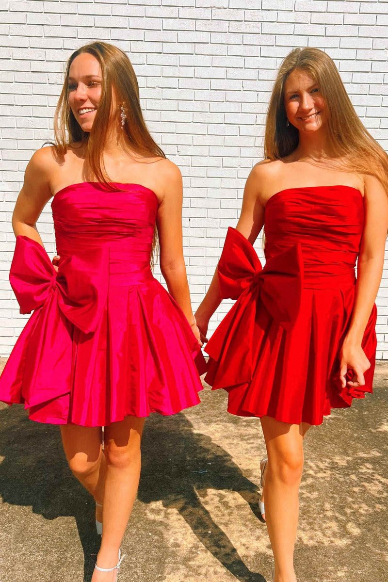 A-line Strapless Pleated Party Dresses with Bow