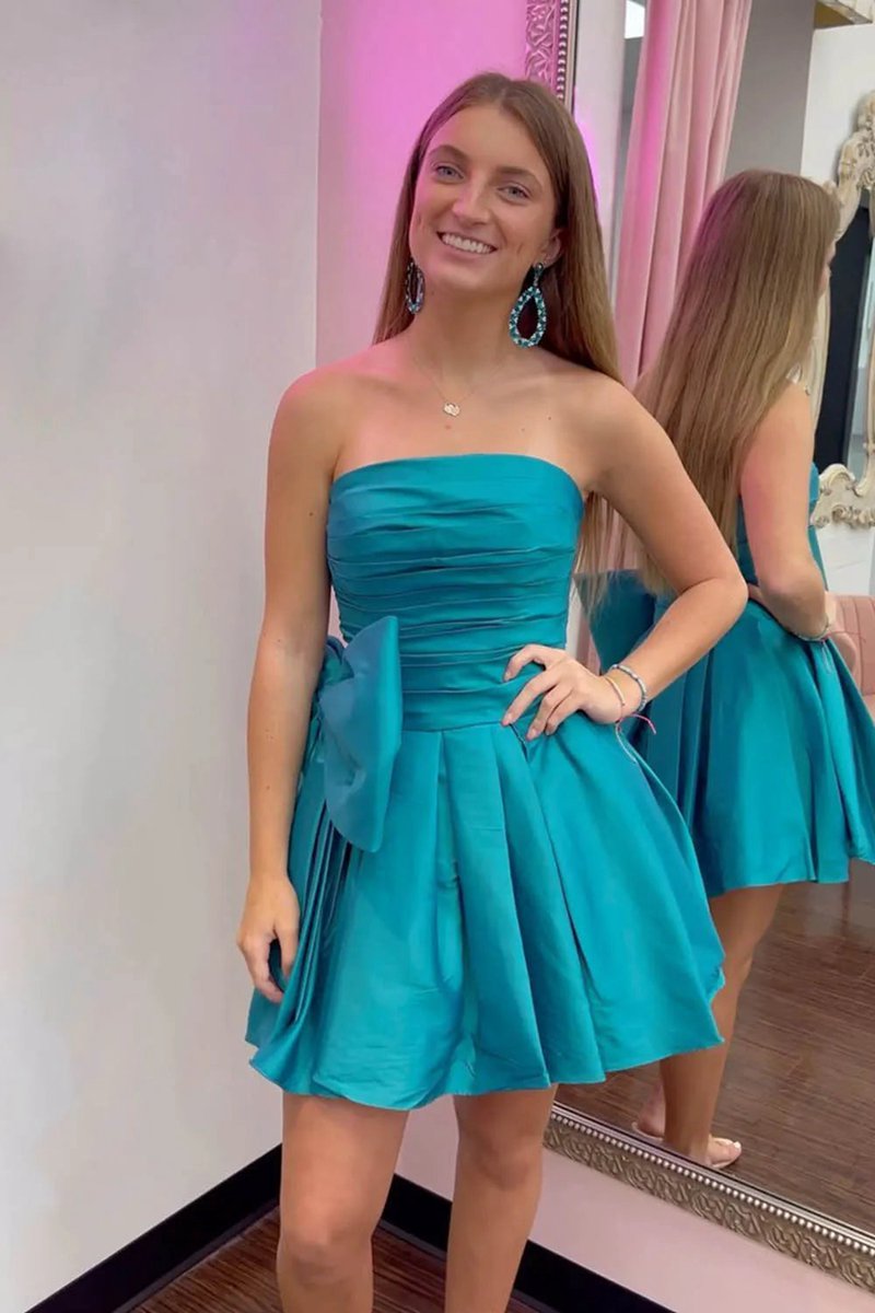 A-line Strapless Pleated Party Dresses with Bow