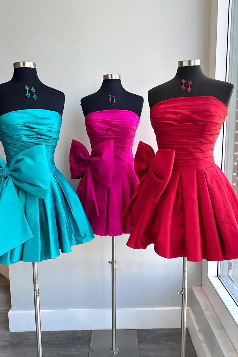 A-line Strapless Pleated Party Dresses with Bow