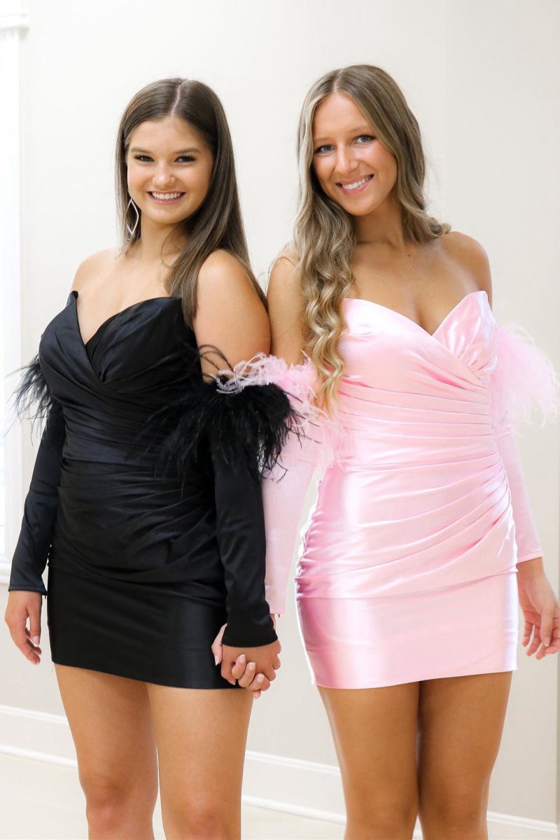 Sheath Satin Strapless Homecoming Dresses with Long Sleeves