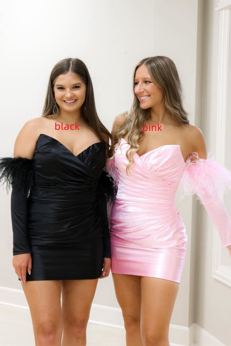 Sheath Satin Strapless Homecoming Dresses with Long Sleeves